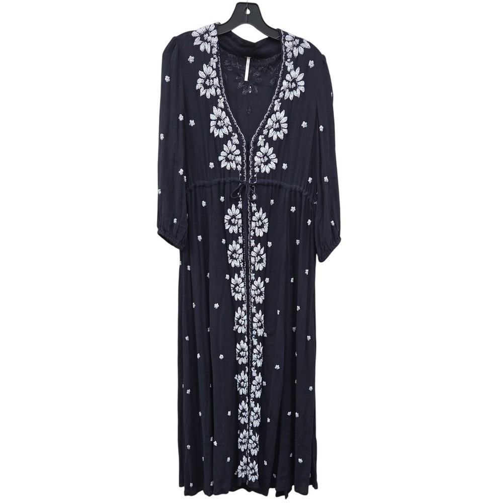 Free People Embroidered Fable Midi Dress Black Small Boho Flowy Floral Indie Air